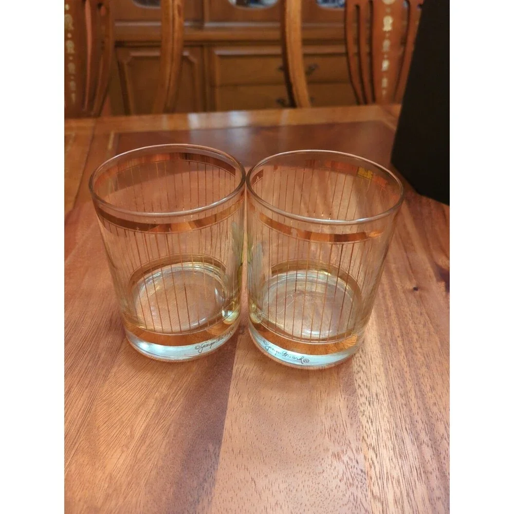 Georges Briard Signed Gold Plaid Double Old Fashioned Glasses Set 3